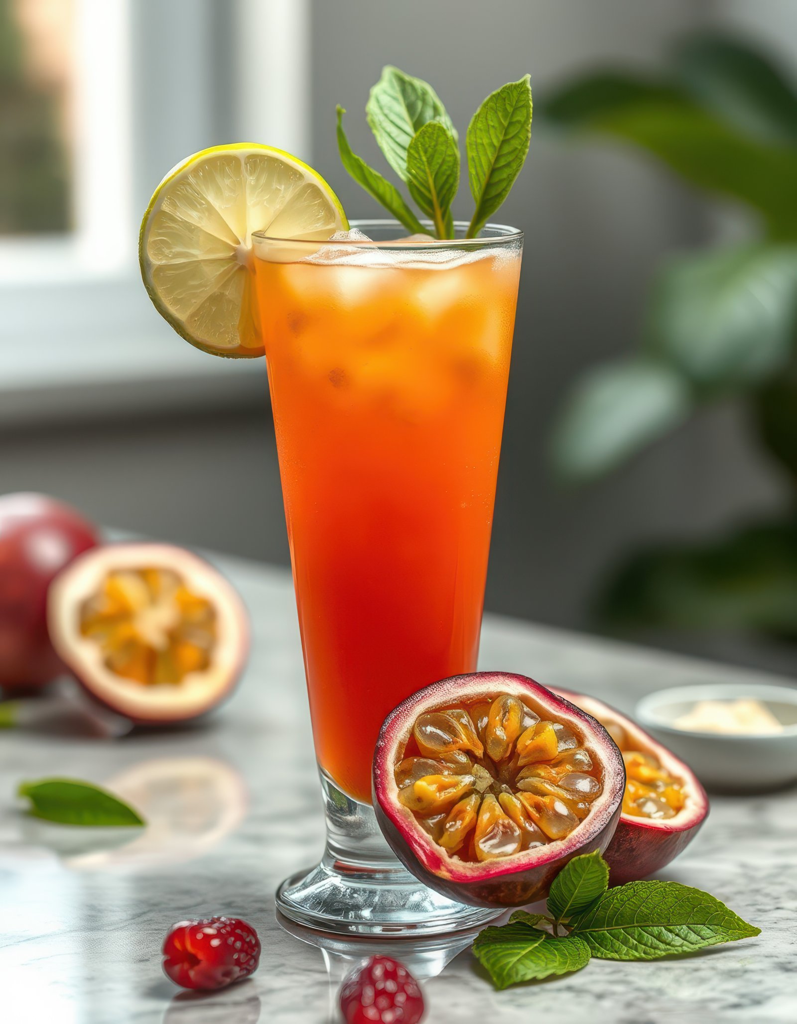 Refreshing tropical drink served in a tall glass with fresh fruit and mint on a marble table